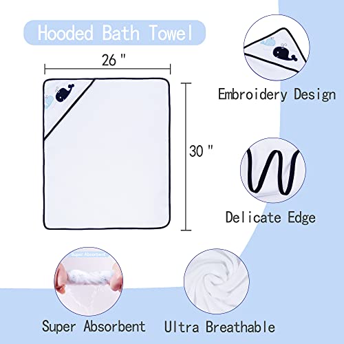 Image of Viviland Baby Towels and Washcloths, Soft Absorbent Baby Boy Bath Towel Set, Whale Hooded Towels with 5 Infant Washcloths，(6 Pieces)