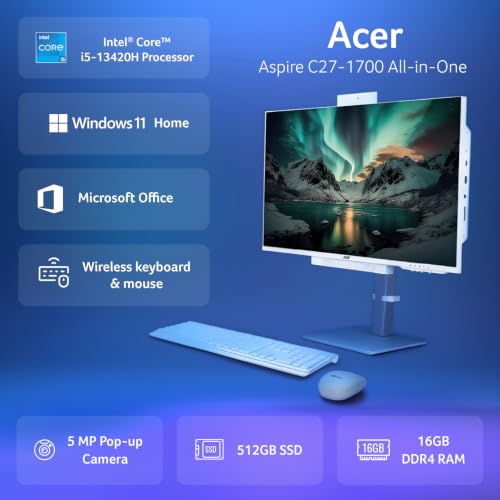 Image of Acer Aspire C27 All in One Desktop Intel Core i5-13420H Processor (Windows 11 Home /16 GB /512GB SSD /Microsoft Office) with 27 inch inch FullHD IPS Display, FullHD 5MP Camera, Wireless Keyboard & Mouse