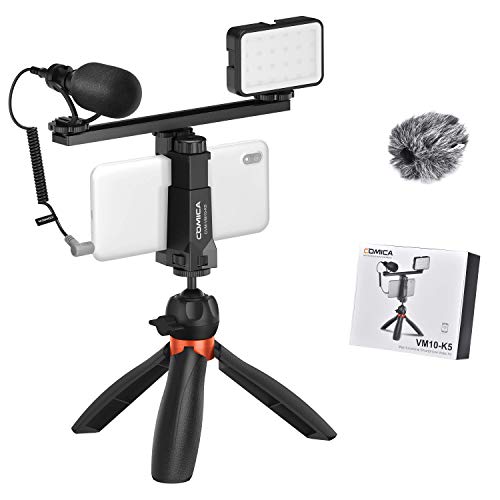 comica Smartphone Microphone Kit, CVM-VM10-K5 Phone Video Kit with LED Light, Shotgun Mic and Mini Tripod, Vlogging YouTube Equipment Compatible with iPhone, Android Samsung Galaxy.