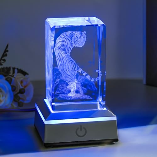 Image of 3D Tiger Crystal Night Light with Multicolor LED Base Glass Laser Engraved White Tiger Lamp Figurines Gifts for Boys Girls Lovers Birthday Christmas Room Decor