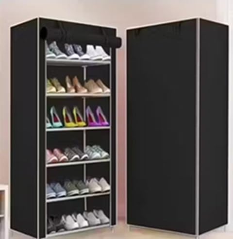 6-Tier Shoe Rack with Dust-Proof Cover, Black, Plastic and PVC, Freestanding Storage Organiser for Home-image-5