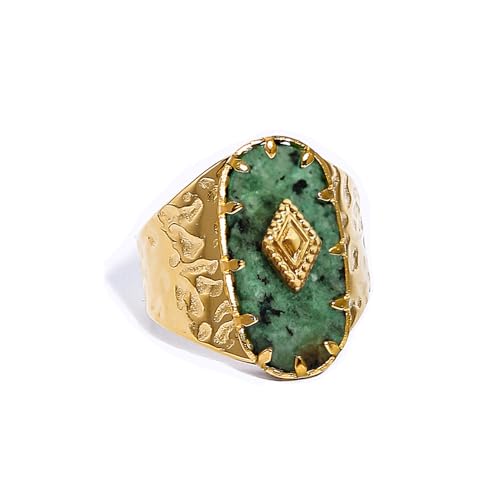 La mejor selección de Anillos de Turquesa del mes. 46 Dikixe Anillo de declaración de turquesa africana, chapado en oro de 18 quilates, anillo de banda ancha ovalado de piedra natural martillada, anillo minimalista para fiesta de...