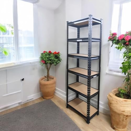 Image of Blue boy Adjustable Shelving 6 Tier- Metal Boltless Rack for Storage & Display /Garage Shelves /Organizer for Home & Kitchen (72 x 24 x 12 Inch /Black- Wooden Shelf)