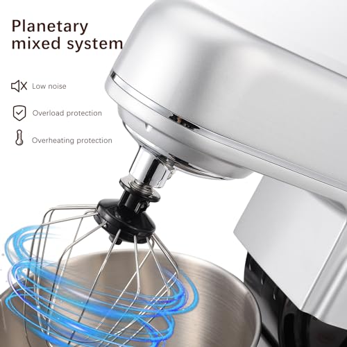 Stand Mixer, Electric Food Processor Dough Mixer, 1000W Dough Blender, Kitchen Standing Mixer Grinder for Baking, Food Blender with 5 L Bowl, Dough Hook, Flat Paddle, Lantern Stick, Lid (Silver) - Image 6