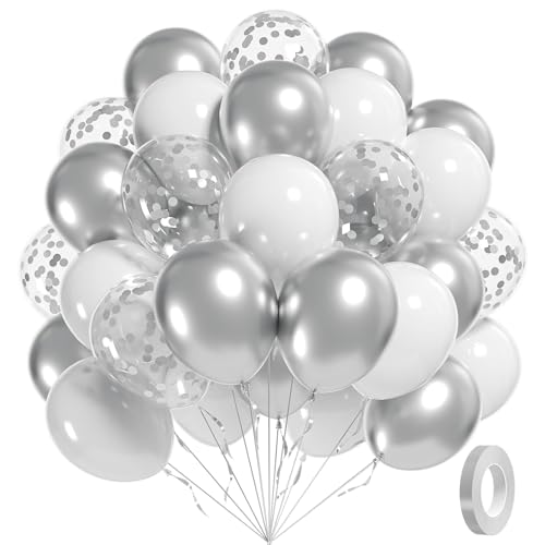 60pcs White and Silver Balloons 12inch Silver and White Balloons with Metallic Silver Confetti Balloons for Birthday Baby Shower Wedding Anniversary New Years Party Decorations