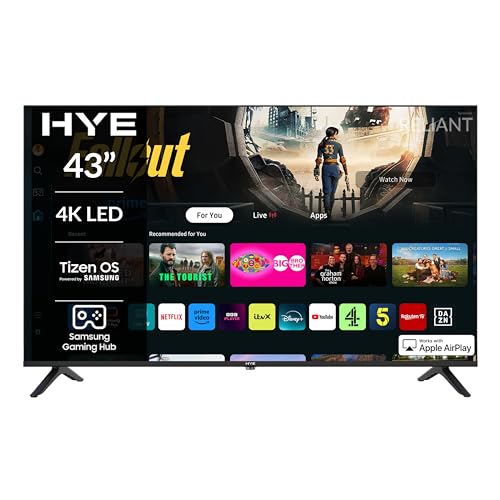 HYE TV - Smart TV, 43" Screen Size, 4K Resolution, LED Technology, Apple AirPlay, Samsung Tizen OS & Gaming Hub, Versatile Connectivity, Black, Perfect For Streaming, Gaming & Entertainment option