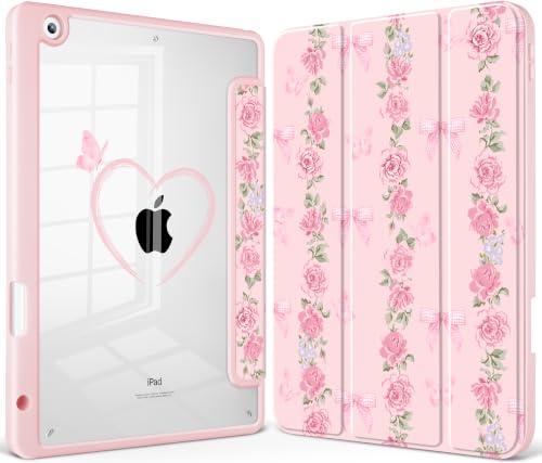 May Chen for iPad 9th Generation with Pencil Holder, iPad 8th/7th Gen Case 10.2-inch, [Penceil Holder] Trifold Stand Auto Wake/Sleep Clear TPU Protection Back Cover, Bow & Rose Flower