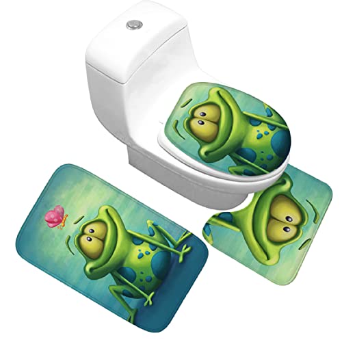 Badezimmerteppich Frosch-Grün-Schmetterling Badematte Badezimmer Set 3 Teilig rutschfest Badteppich...