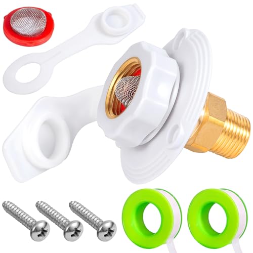 Image of RV Water Inlet Connection City Water Fill Inlet Flange Brass with Check Valve,3 /4 NH Female to 1 /2 NPT Male RV City Water Inlet,Lead-free Brass RV Fresh Water Inlet with Dust Plug for RV Camper(White)