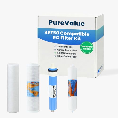 PureValue 4EZ50 Water Filter Replacement Kit - 50 GPD Reverse Osmosis Membrane Included, Complete One-Year Bundle for PureValue RO System, Under Sink Drinking Water Filtration Kit, Made in USA