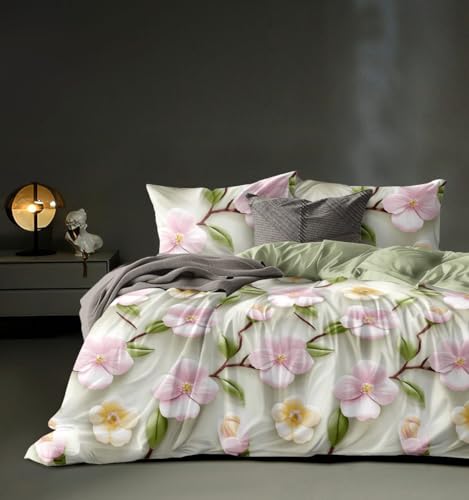 Image of DECOR2ADMIRE 300 TC Premium 7D Print Super King Size Cotton Bedsheet Set with 2 Pillow Covers | Ultra Soft 108 inch x 108 inch | Elegant Floral Designs (Green Blossom)