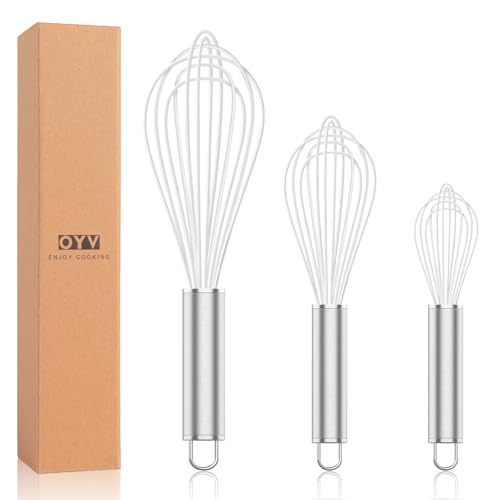 OYV White Silicone Whisk Set of 3, 8/10/12 Inch, Non-Scratch