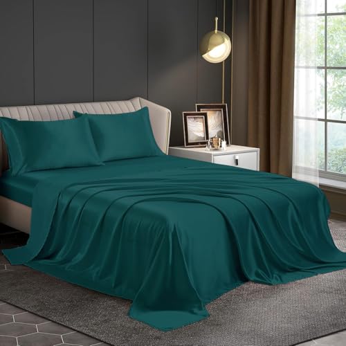 Image of Homestan Satin Bedsheet for King Size Bed with 2 Pillow Covers, Modern Bed Sheet for Romantic Nights(100x108 inches, Peacock Green)