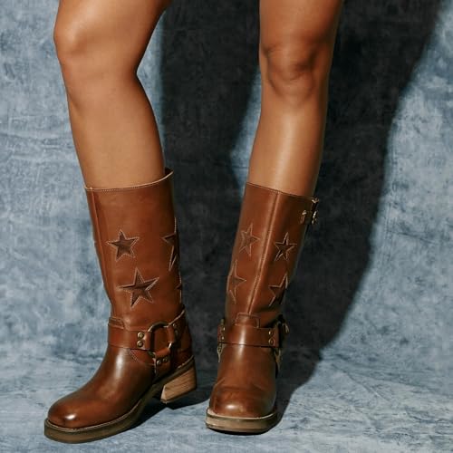 Image of Goolita Women's Buckle Biker Knee High Boots Square Toe Chunky Heel Star Moto Mid Calf Boots Slip On Motorcycle Riding Boot