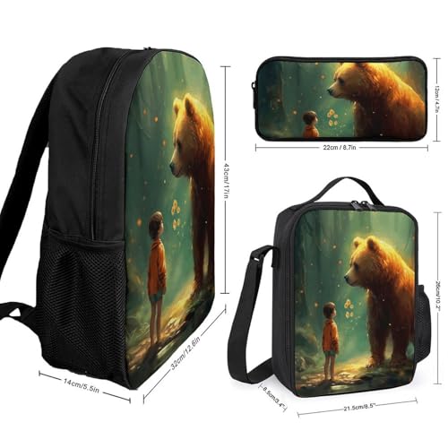 3 Piece Backpack for Women Men Lightweight Causal Daypack Shoulder Bag Set with Insulated Lunch Bag And Pencil Case Organizers Snow Covered2