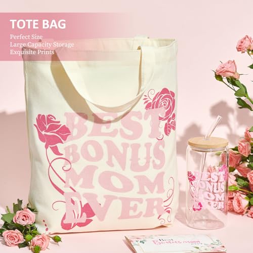 Bonus Mom Birthday Gifts Basket from Daughter Son, Mothers Day Birthday Unique Thank You Gift Set for Step Mom,Mother in Law, New Mom, Stepmother Glass Cup Bag Socks Candle Bracelet Keychain - Image 5