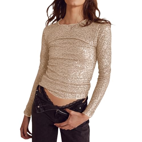 Qianderer Glitzerndes Pailletten-Oberteil für Damen, Basic-Shirt, lässig,...