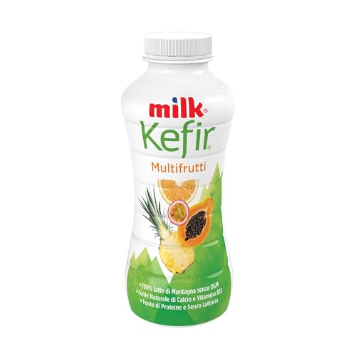 Milk Kefir alla Frutta da Bere Senza Lattosio con Fermenti Lattici, Vitamina b12, Proteine, Probiotici, Calcio - Latte Parzialmente Scremato Senza Lattosio, Senza Glutine e Lieviti (Multifrutti 480g)