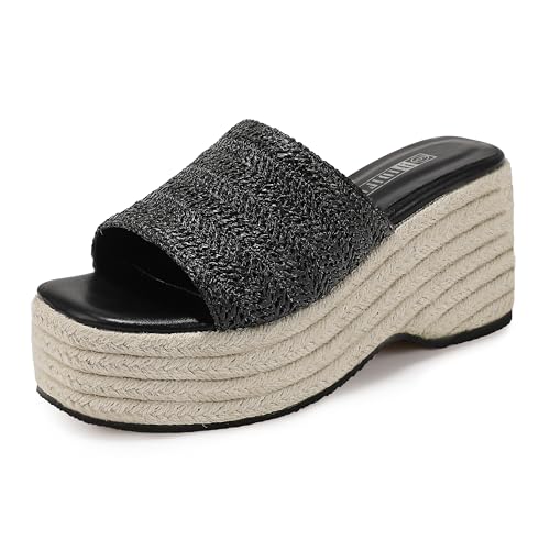 IDIFU Black Platform Espadrille Wedge Sandals for Women Square Open Toe Slip On Wedge Shoes Dressy Low Chunky Sandal Comfortable Casual Trendy Summer Beach Walking Slide Women Sandals(Black, 8)
