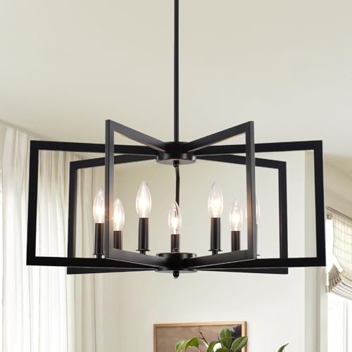 7 Light Black Chandelier, Geometric Dining Room Light Fixtures Modern