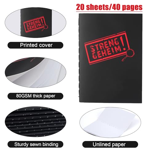 Neerow „Streng Geheim“-Notizheft Set, 10 kleine Notizblöcke (10 × 7 cm) mit 10 Kugelschreibern, Tragbare Notizbücher, 20 Blankoseiten, für Schule Büro Party Mitgebsel Gelöst Detektivparty (Schwarz)