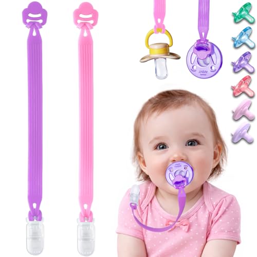 Image of Silicone Pacifier Clip with Adapter Ring for Philips Avent Soothie, 2 Pack One-Piece Soft Binky Clips Holder for Baby Girls Boys, Anti-Loss Paci Clips for Baby Shower Newborn Essentials,Pink Purple