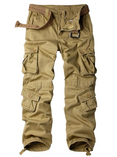 AKHIKING Men's Fleece Lined Outdoor Hiking Cargo Work Pants Casual Ski Ripstop Camo Trousers with 8 Pockets Khaki 34Wx32L