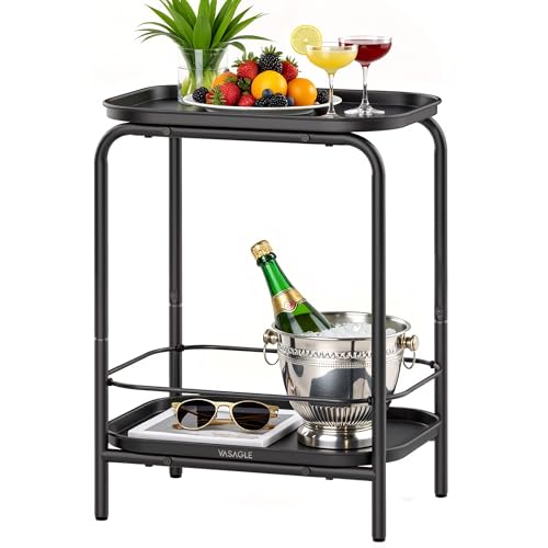VASAGLE 2-Tier Outdoor Table, Small Side End Table with Tray Storage, Bedside Nightstand for Living Room, Bedroom, Modern Style, Ink Black ULET243B01