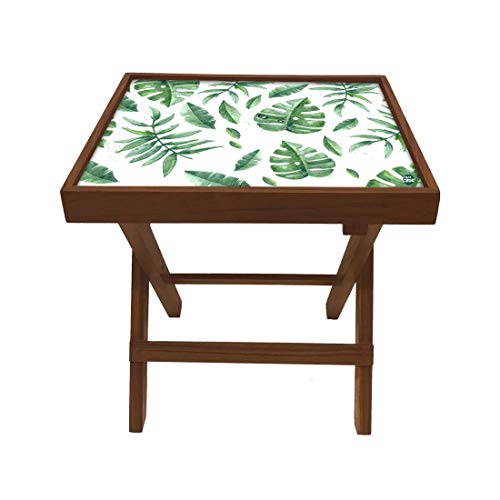Image of Nutcase Designer Teak Wood Side Table Folding Wooden Bedside Coffee Outdoor Picnic Table - Garden Leaves