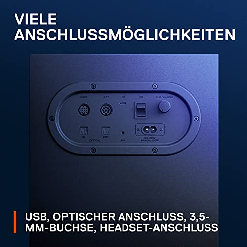 SteelSeries Arena 7 - 2.1-Gaming-Lautsprecher 2-Wege-Lautsprecherdesign Starke Bässe, Subwoofer Reaktive RGB USB, Aux, optisch, kabelgebunden Bluetooth PC, PlayStation, Mobilgeräte, Mac, Black