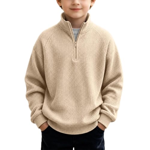 ZGTWHZY Boys Quarter Zip,Boys Waffle Knit Quarter Zip Sweatshirts Fall Winter Long Sleeve Pullover Hoodies Sweater Tops Teen Boy Back To School Clothes,Beige,140=9-10 Years
