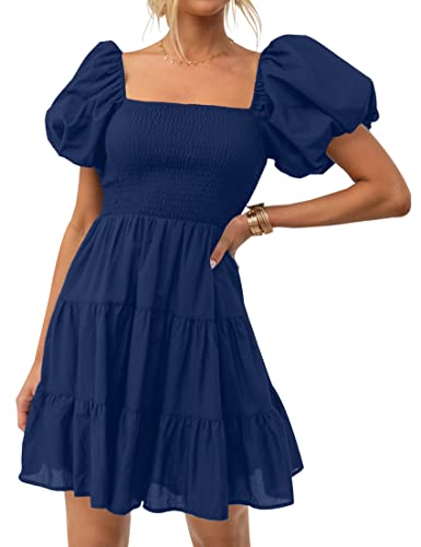 Image of ZESICA Women's Boho 2026 Summer Square Neck Puff Sleeve Off Shoulder Smocked Tiered Casual A Line Short Mini Dress