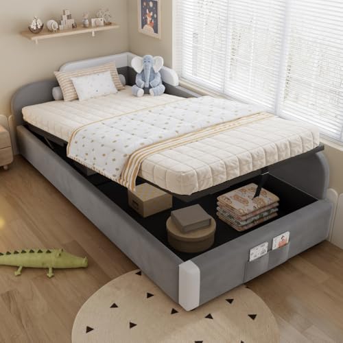 Wyibwy Letto singolo per bambini 90x200cm, Letto contenitore con dispositivo idraulico, sponda morbida rialzata, tasca...