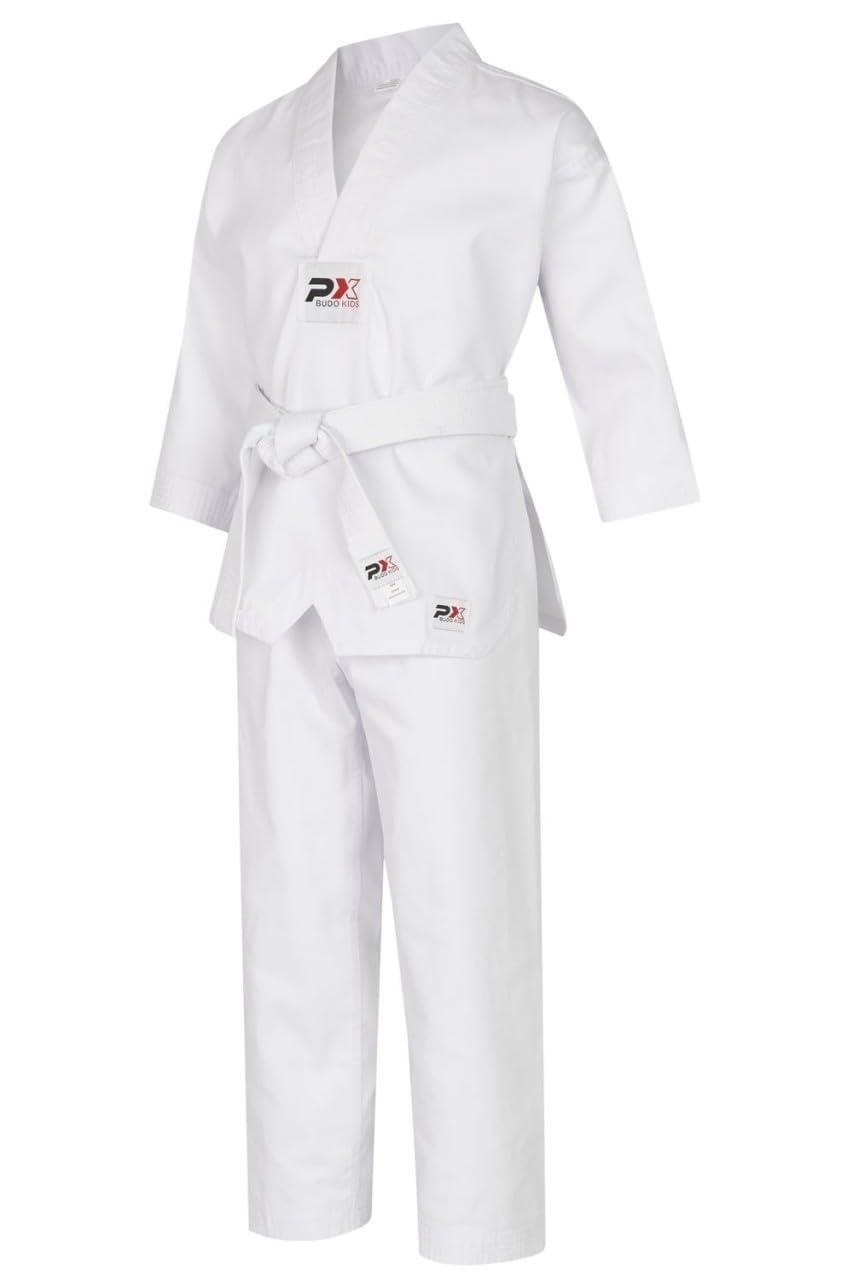 Costume de taekwondo PX BUDO KIDS blanc à revers en V pour enfant (veste à enfiler, pantalon élastique, ceinture blanche)