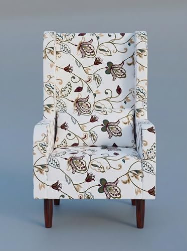 Image of Wooden Wing Chair with Ottoman Stool | Wingback for Living Room | High Density Foam | Accent Chair for Seating, Home Decor Furniture | (Ivory Vine, with Ottoman)