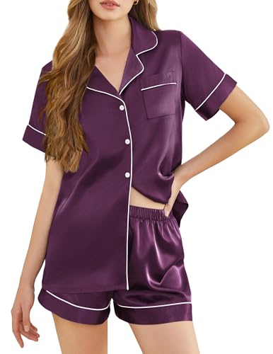 Image of Silk Pajamas for Women Short Sleeve Sleepwear Soft Button Down Loungewear 2 Piece Satin Pjs Shorts Set S-XXL