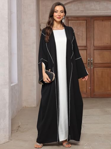 MedeShe Women's Loose Black Floral Beading Draped Open Kimono Abaya Cardigan Jalabiya2