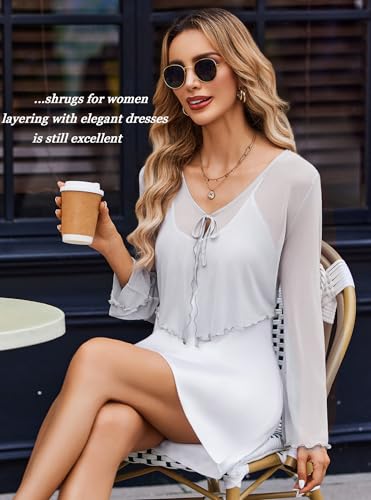 Image of Avidlove Womens Sheer Shrug Tie Front Long Bell Sleeve Mesh Bolero Lightweight Summer Casual Short Shawl Top