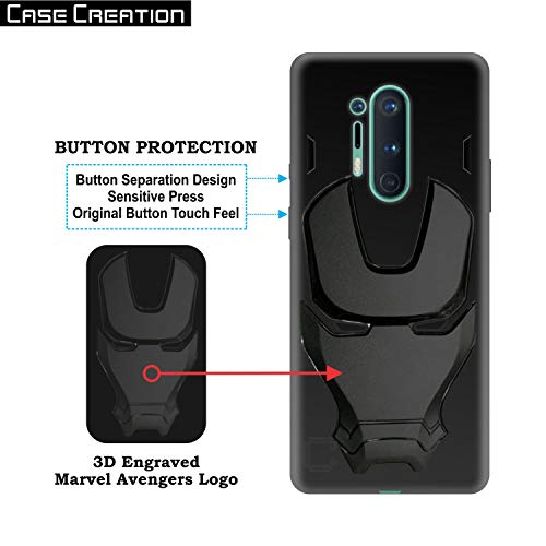 Image of COVERLY Official 3D Touch Feel Trending Avengers Logo Mask Soft Rugged Grip Silicone Iron Man Super Power Cartoon Movie Engraved Silicone Matte Back Cover for Oneplus 8 Pro -Black