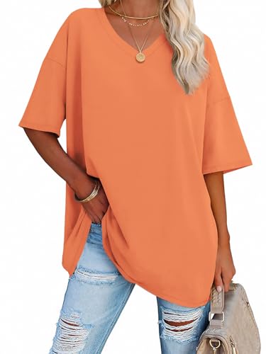 Image of ATHMILE Womens Oversized Shirts V Neck Plus Size Spring Workout Summer Tops Beach Vacation 2026 Gym Clothes Basic Tee
