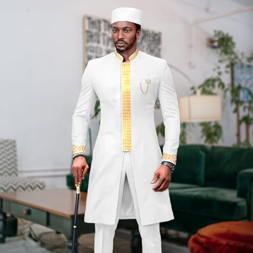 African Clothes for Men Dashiki Slim Fit Embroidery Jacket and Pants Match Muslim Caps Set Wedding Suit2