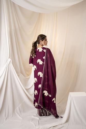 Image of ishin Quirky Printed Rayon A-line Kurta paired with Afghani Pants and Flowy Chiffon Hand Tassel Dupatta