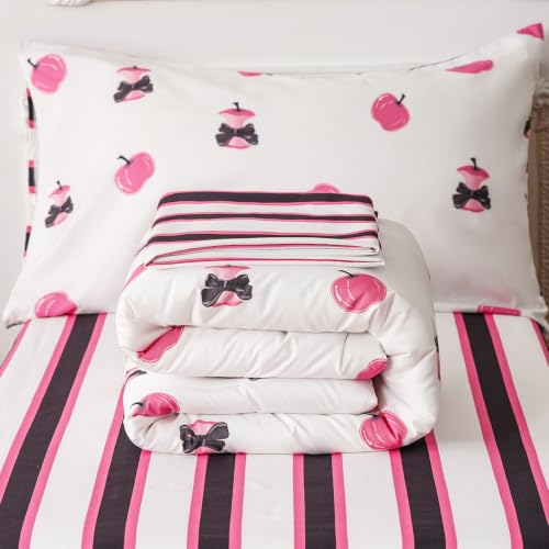 Image of CLOTHKNOW 4Pieces Pink White Apple Toddler Bedding Sets for Boys Girls | Pink Apple and Reversible Black Pink Striped Pattern, Soft Crib Bed Set
