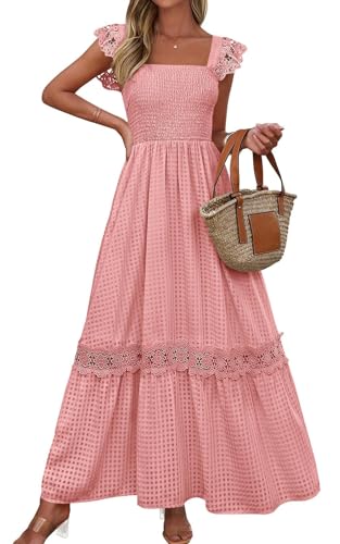Image of PRETTYGARDEN Women's Smocked Summer Maxi Dresses 2026 Ruffle Cap Sleeve Square Neck Lace Detail Flowy Sundress with Pockets