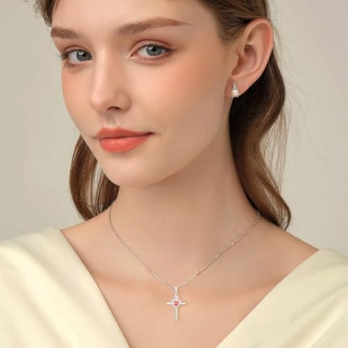 Cross Pendant Necklace, Rose Heart Cross Pendant Necklace for Women, 18K White Gold Plated Sterling Silver with Zirconia, 12 Color Options, Romantic Jewelry Gift for Her3