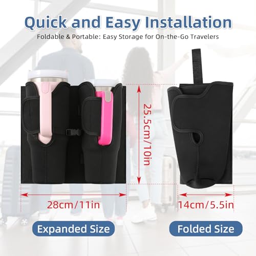 Image of Luggage Cup Holder for Suitcases, Compatible with 30-40 Oz Stanley Tumblers, Foldable Luggage Cup Holder with Phone & Ticket Pocket, Waterproof Hands-Free Travel Accessory (Black)