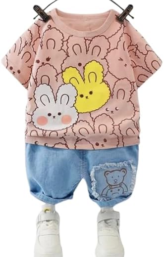 Jagnath Creations Kids Dress for Boys | Cartoon Printed Half Sleeve T Shirt and Pant Clothing Set for Baby Boys- Peach