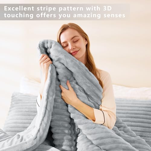 CozyLux Fleece Queen Comforter Set, Oeko-TEX Certified, Winter Warm & Fluffy 300GSM 3D Stripe Flannel Bedding, Super Soft Faux Fur Bed Set, Bedroom Decor with 2 Pillowcases, Grey by CozyLux - Image 2