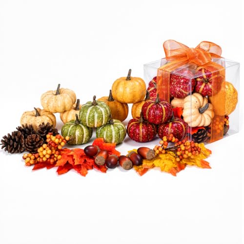Image of 30Pcs Artificial Pumpkins Set, Assorted Fall Fake Pumpkins Acorns Pine Cones Berries Maple Leaves, Fall Decor for Halloween Thanksgiving Home Mantel Tabletop