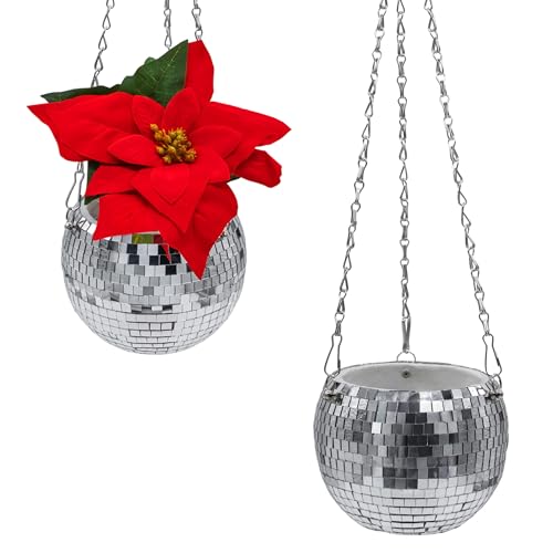 Lot de 2 pots de fleurs suspendus au design boule disco de 15 cm avec chaîne en métal - Pot de fleurs à suspendre - Décoration de jardin - Pot de fleurs à...